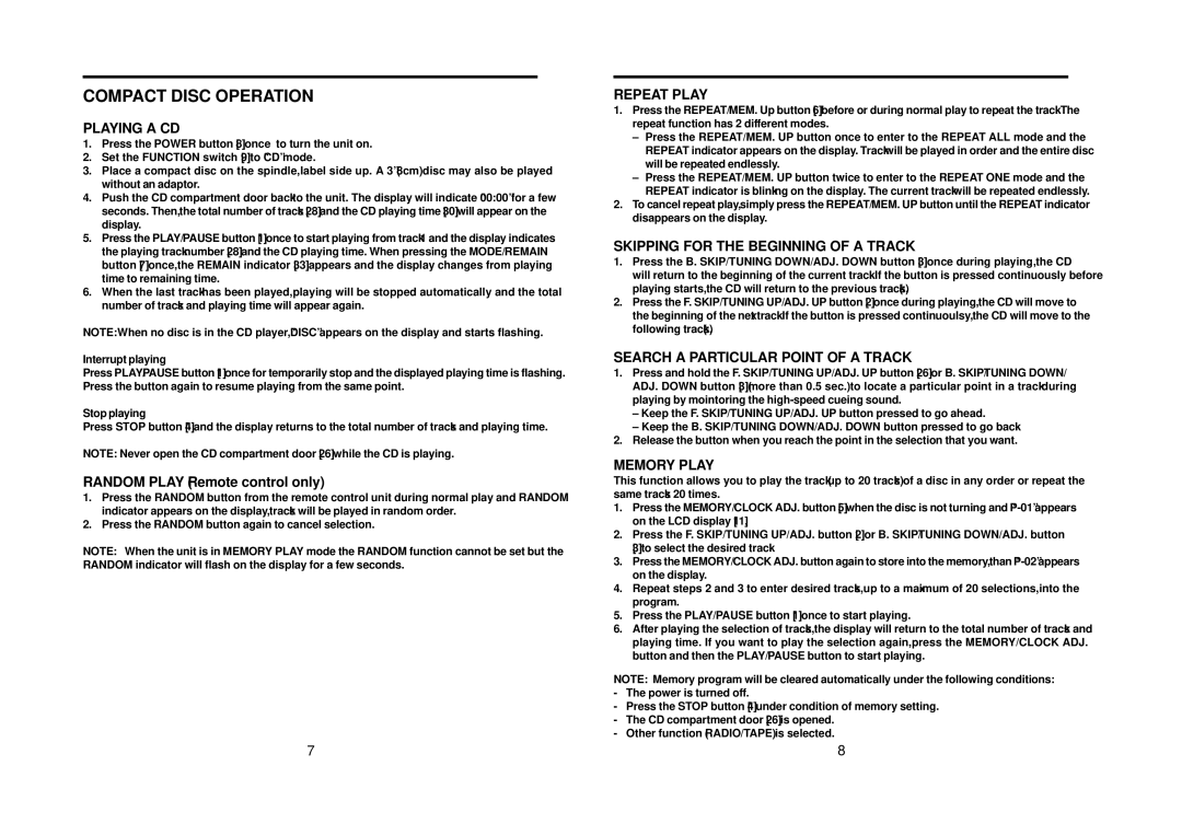 Tamron CE510S operation manual Compact Disc Operation 