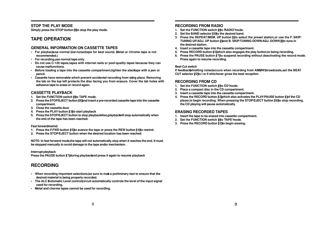 Tamron CE510S operation manual Tape Operation, Recording 