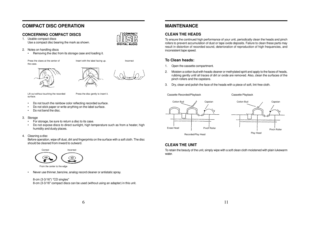 Tamron CE510S operation manual Maintenance, Concerning Compact Discs, Clean the Heads, Clean the Unit 