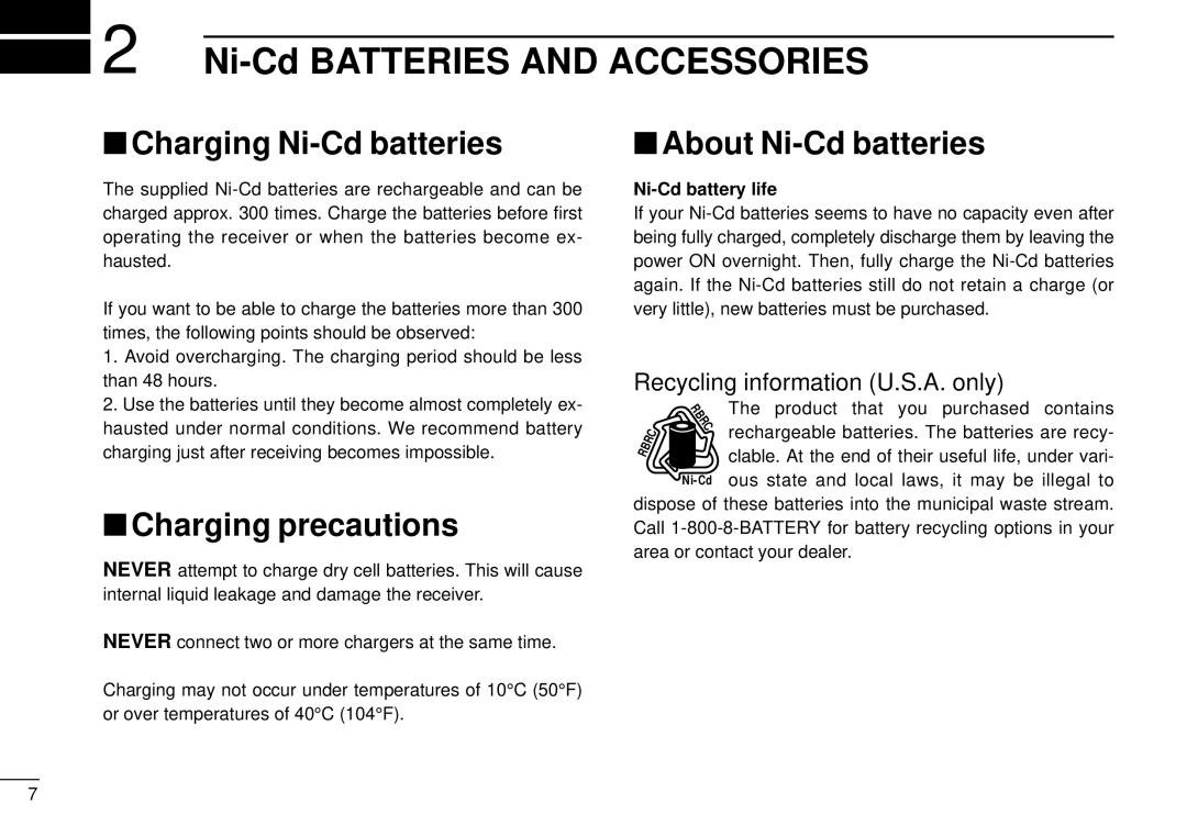 Tamron IC-R10 instruction manual Charging Ni-Cd batteries, Charging precautions, About Ni-Cd batteries 