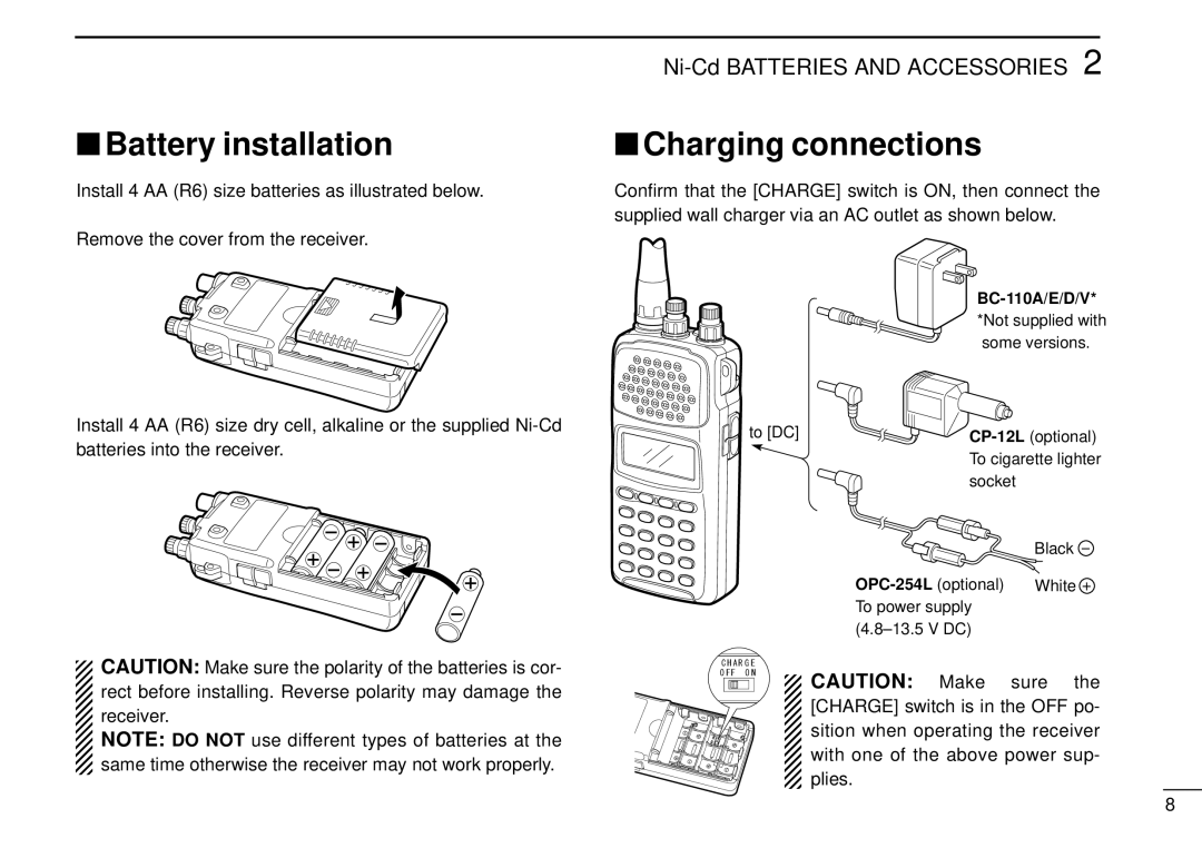 Tamron IC-R10 instruction manual Battery installation, Charging connections 