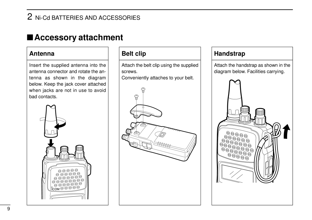 Tamron IC-R10 instruction manual Accessory attachment, Antenna, Belt clip, Handstrap 