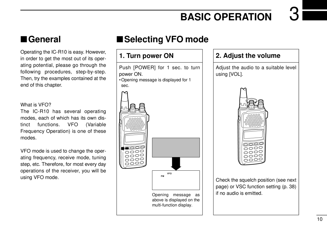 Tamron IC-R10 instruction manual Basic Operation, General, Selecting VFO mode, Turn power on, Adjust the volume 