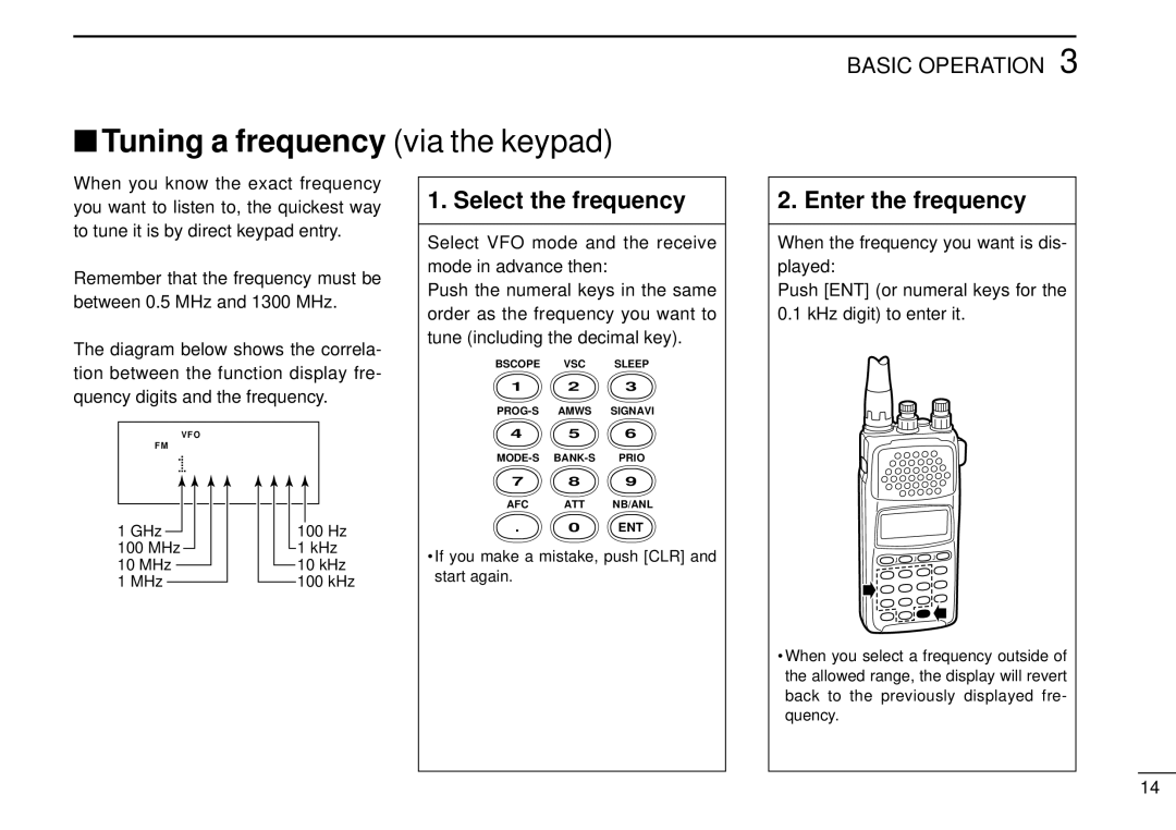 Tamron IC-R10 instruction manual Tuning a frequency via the keypad, Select the frequency, Enter the frequency 