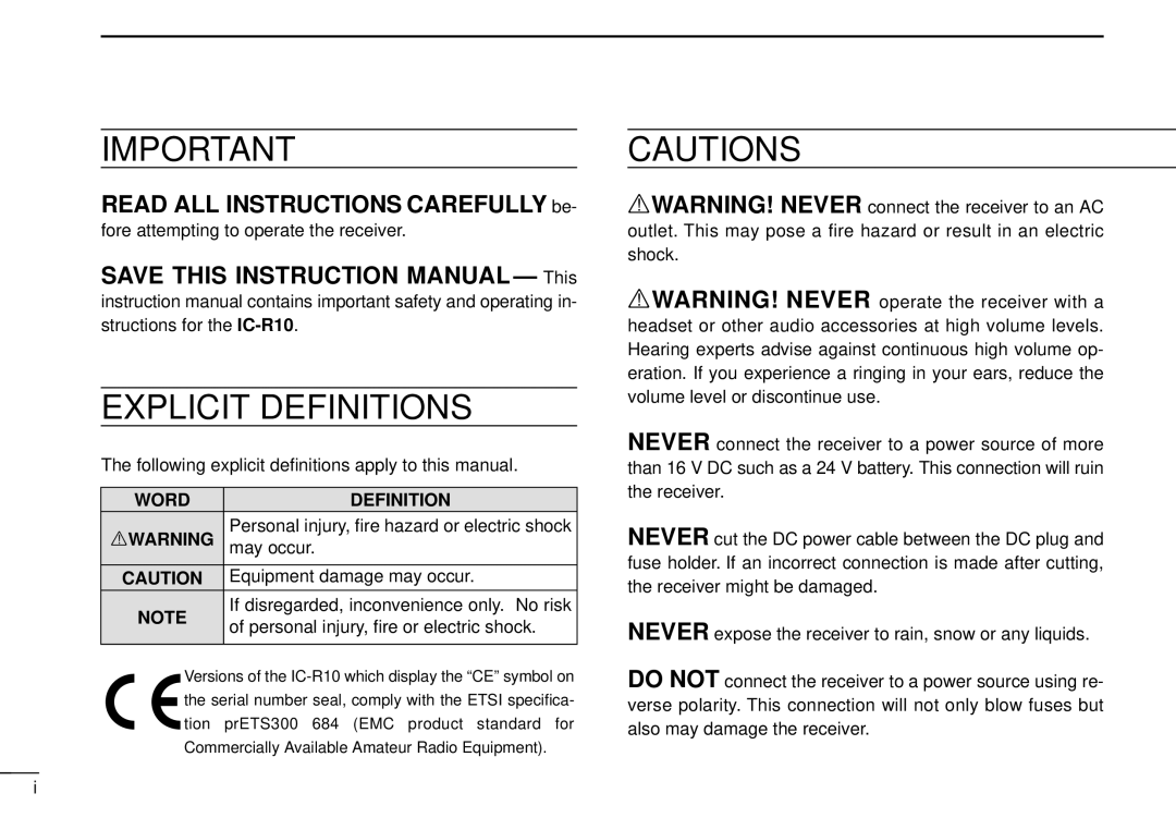 Tamron IC-R10 instruction manual Read ALL Instructions Carefully be, Fore attempting to operate the receiver 