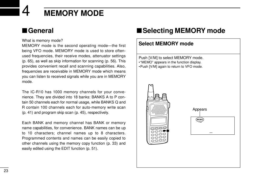 Tamron IC-R10 Memory Mode, Selecting Memory mode, Select Memory mode, What is memory mode?, Push V/M to select Memory mode 