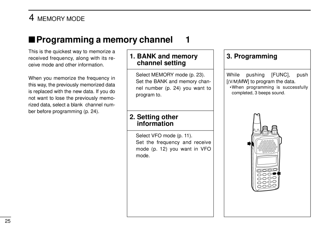 Tamron IC-R10 instruction manual Programming a memory channel, Bank and memory channel setting, Setting other information 