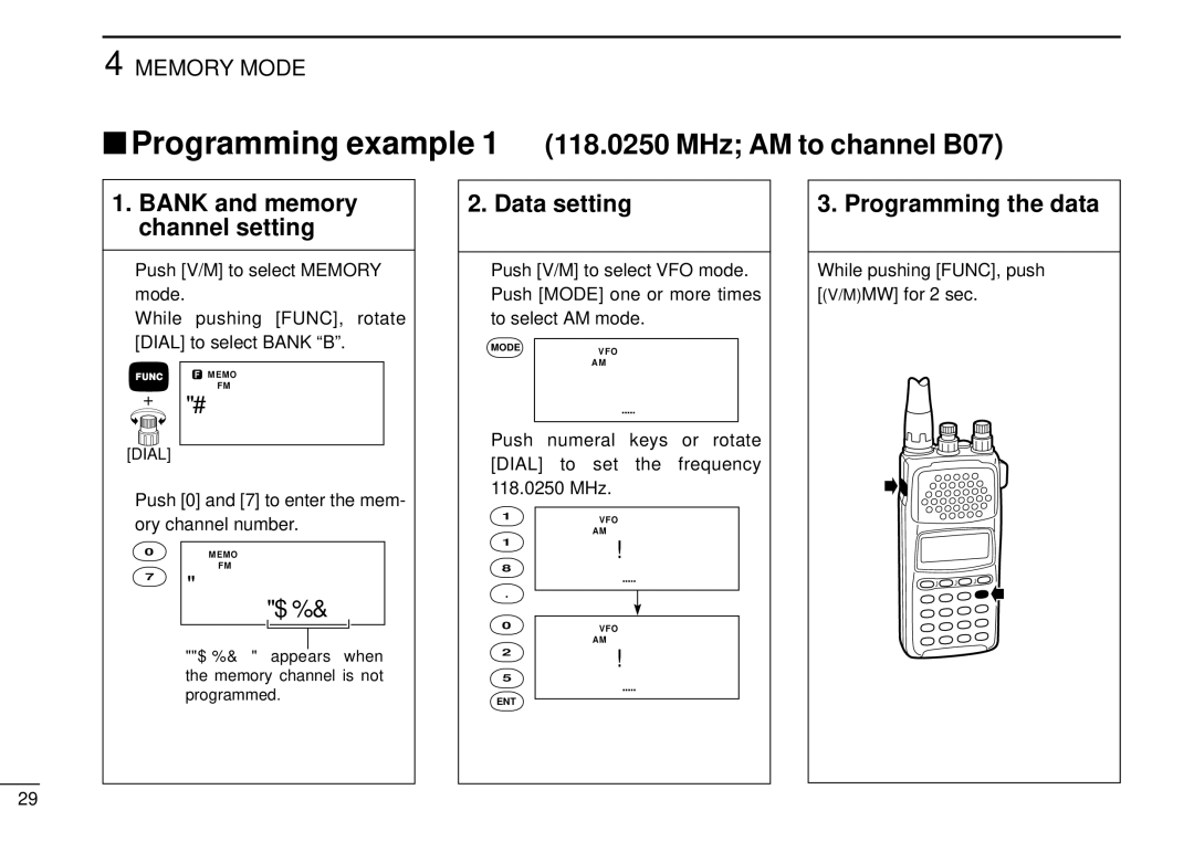 Tamron IC-R10 instruction manual Data setting, Programming the data, Push 0 and 7 to enter the mem- ory channel number 