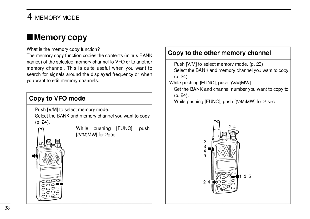 Tamron IC-R10 Memory copy, Copy to VFO mode, Copy to the other memory channel, What is the memory copy function? 