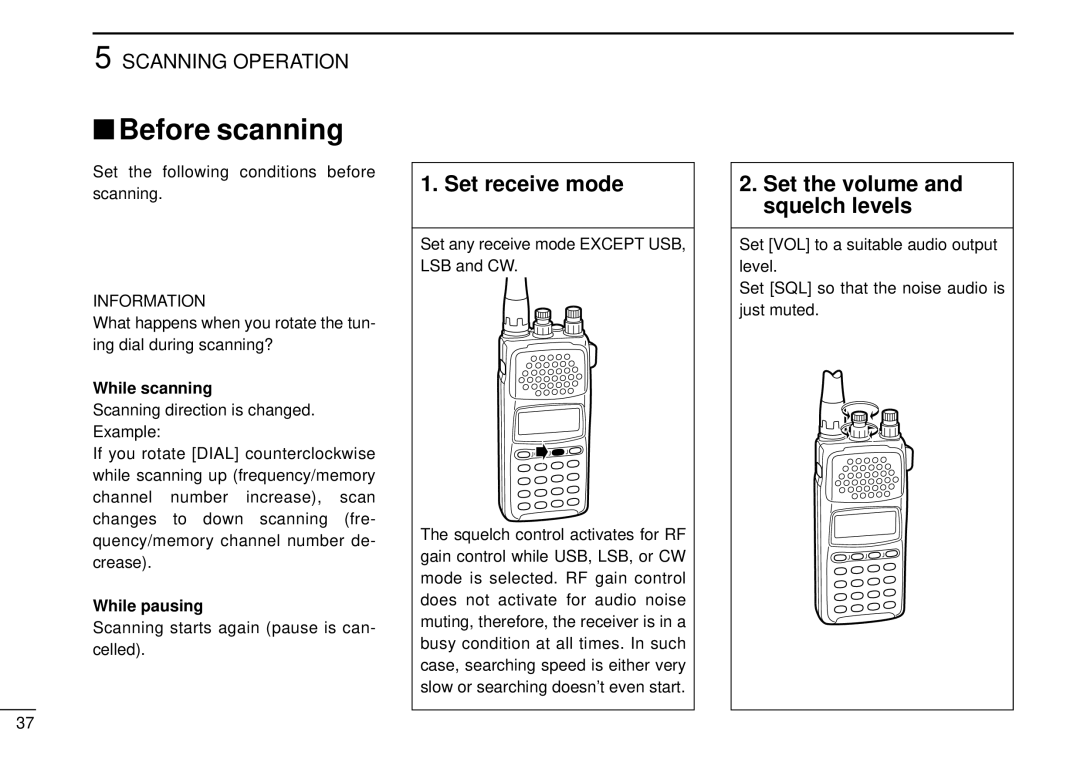 Tamron IC-R10 instruction manual Before scanning, Set receive mode, Set the volume and squelch levels 