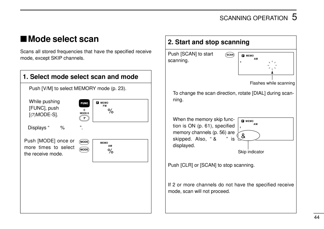 Tamron IC-R10 instruction manual Mode select scan, Select mode select scan and mode 