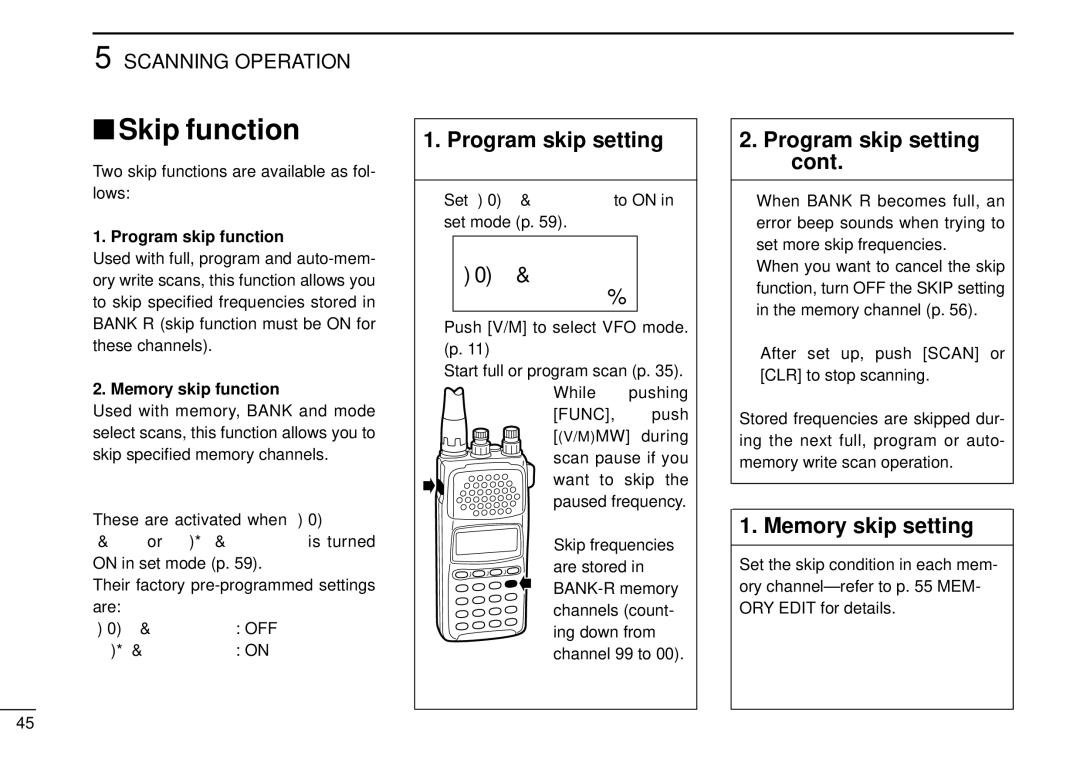 Tamron IC-R10 instruction manual Skip function, Program skip setting Cont, Memory skip setting 