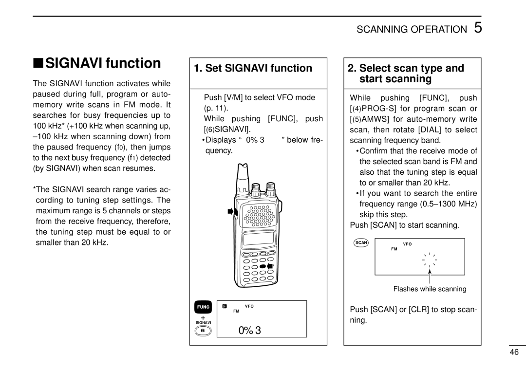 Tamron IC-R10 Set Signavi function, Select scan type and start scanning, 3Push Scan or CLR to stop scan- ning 