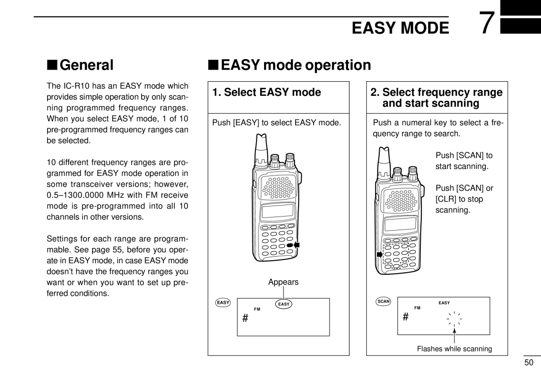 Tamron IC-R10 Easy Mode, Easy mode operation, Select Easy mode, Select frequency range and start scanning 