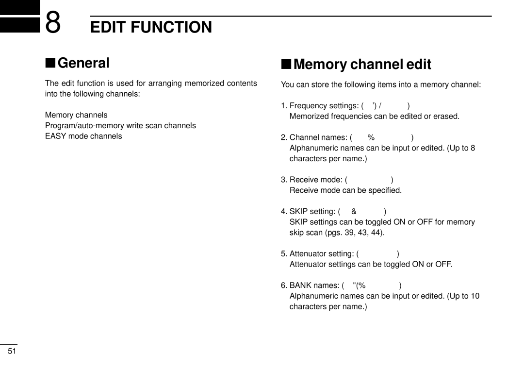 Tamron IC-R10 Edit Function, Memory channel edit, You can store the following items into a memory channel 