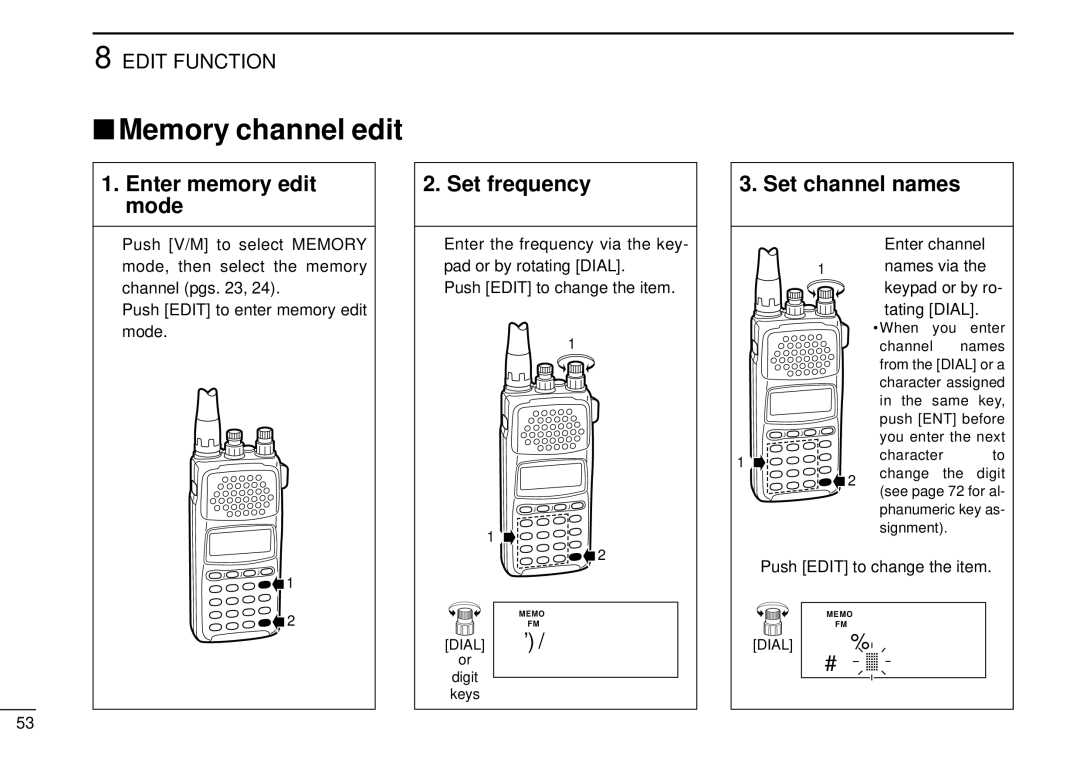 Tamron IC-R10 instruction manual Enter memory edit mode, Set frequency, Set channel names 