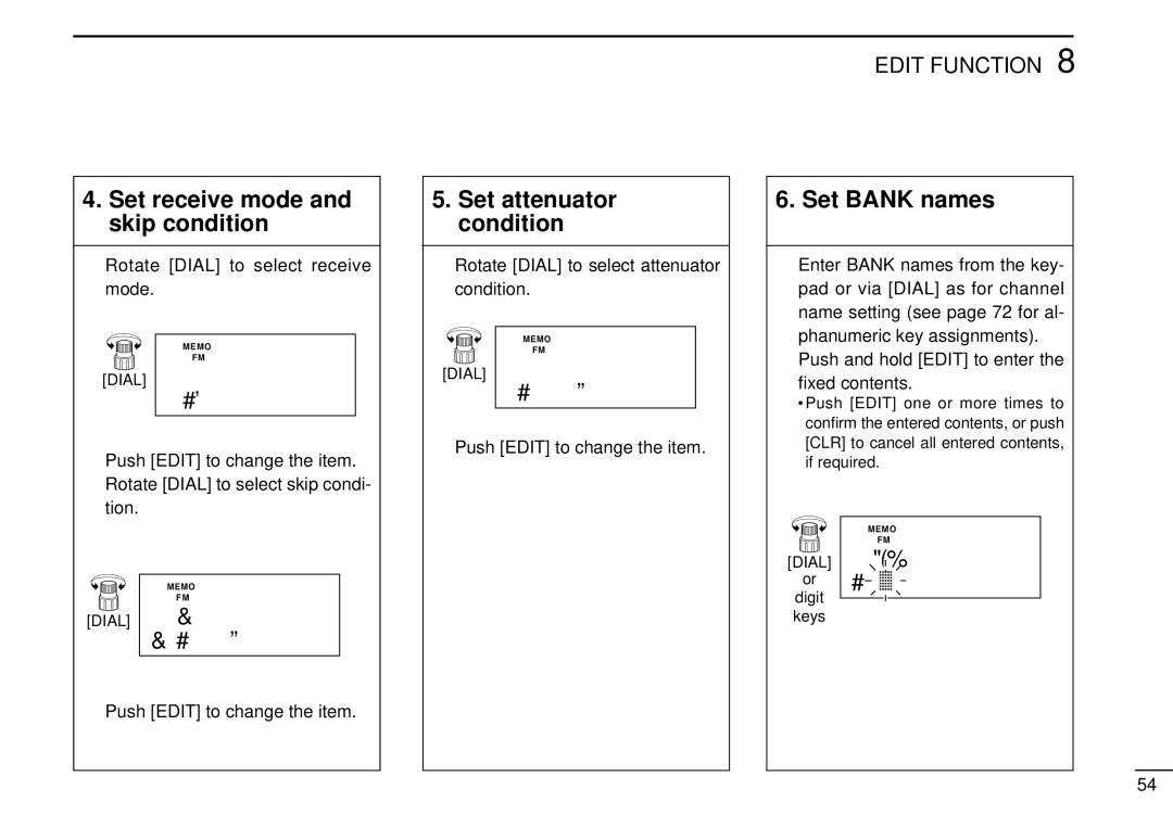 Tamron IC-R10 instruction manual Set receive mode and skip condition, Set attenuator condition, Set Bank names 