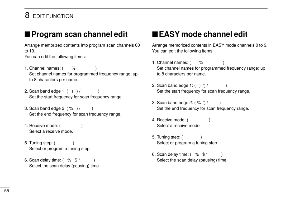 Tamron IC-R10 Program scan channel edit, Easy mode channel edit, Set the start frequency for scan frequency range 