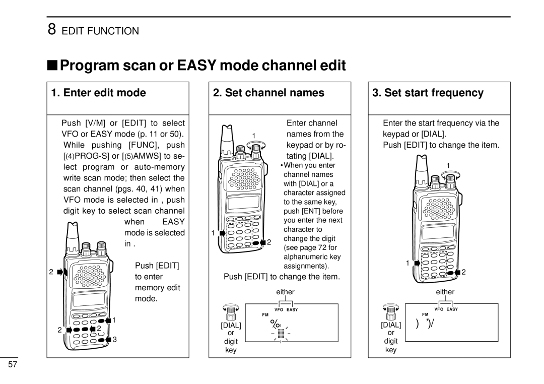 Tamron IC-R10 instruction manual Program scan or Easy mode channel edit, Enter edit mode, Set start frequency 