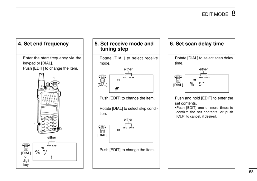 Tamron IC-R10 instruction manual Set end frequency, Set receive mode and tuning step, Set scan delay time 