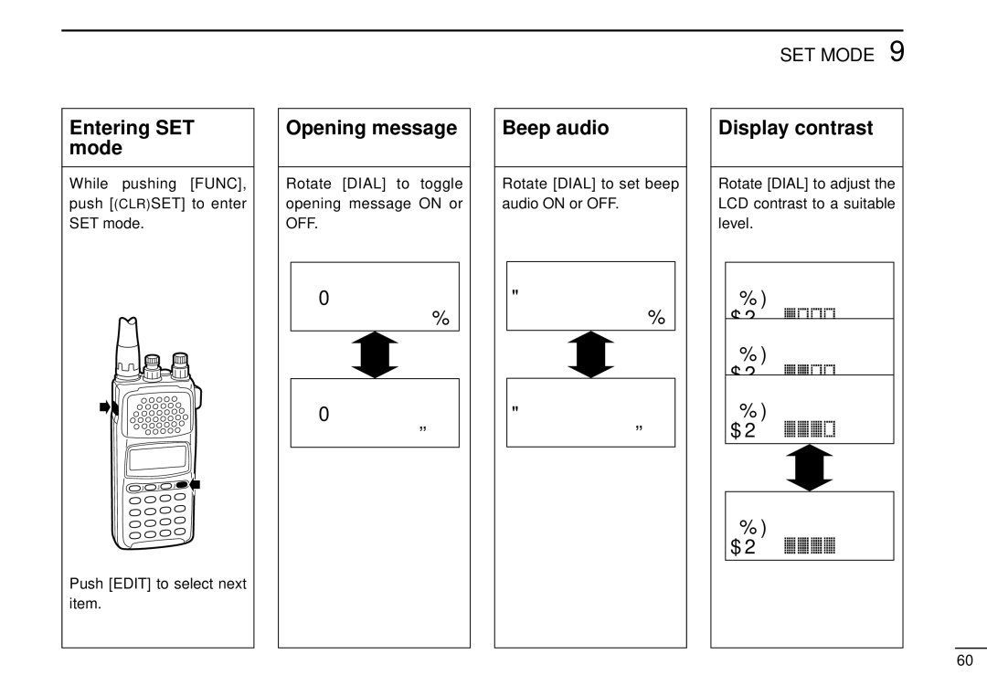 Tamron IC-R10 instruction manual Entering SET mode, Opening message, Beep audio, Display contrast 