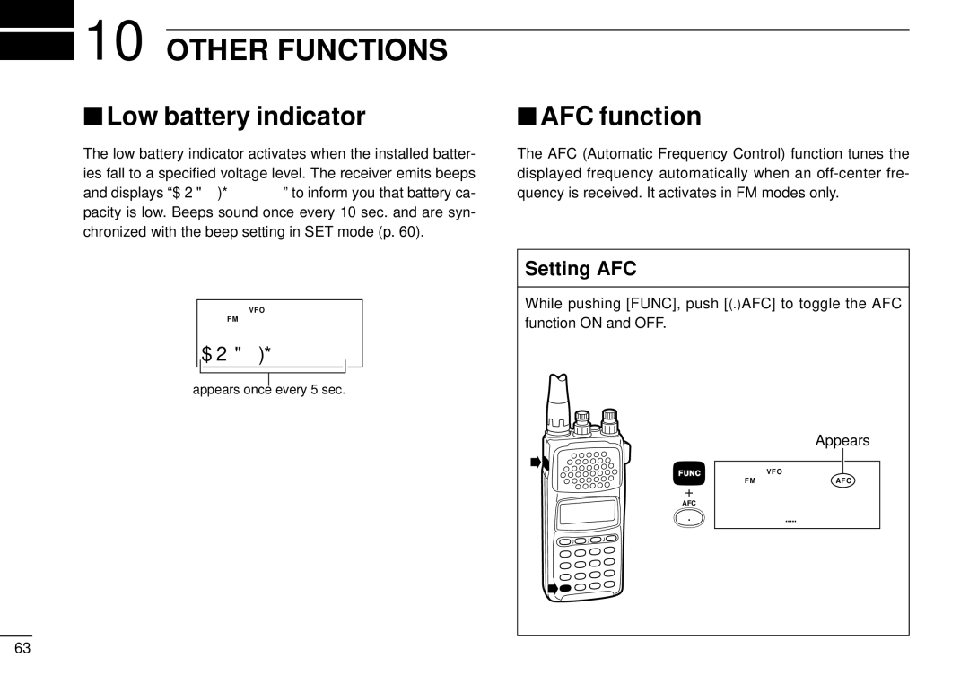 Tamron IC-R10 instruction manual Other Functions, Low battery indicator, AFC function, Setting AFC 