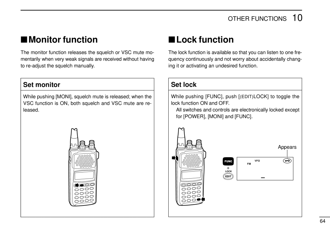 Tamron IC-R10 instruction manual Monitor function, Lock function, Set monitor, Set lock 