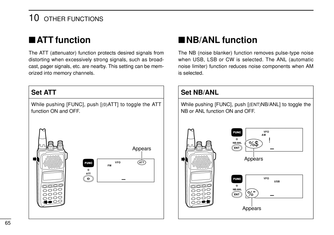 Tamron IC-R10 instruction manual ATT function, NB/ANL function, Set ATT, Set NB/ANL 