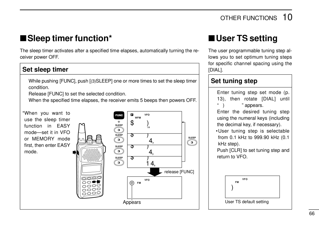 Tamron IC-R10 instruction manual Sleep timer function, User TS setting, Set sleep timer, Set tuning step 