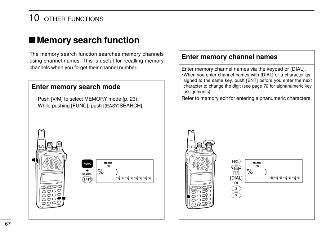 Tamron IC-R10 instruction manual Memory search function, Enter memory search mode, Enter memory channel names 