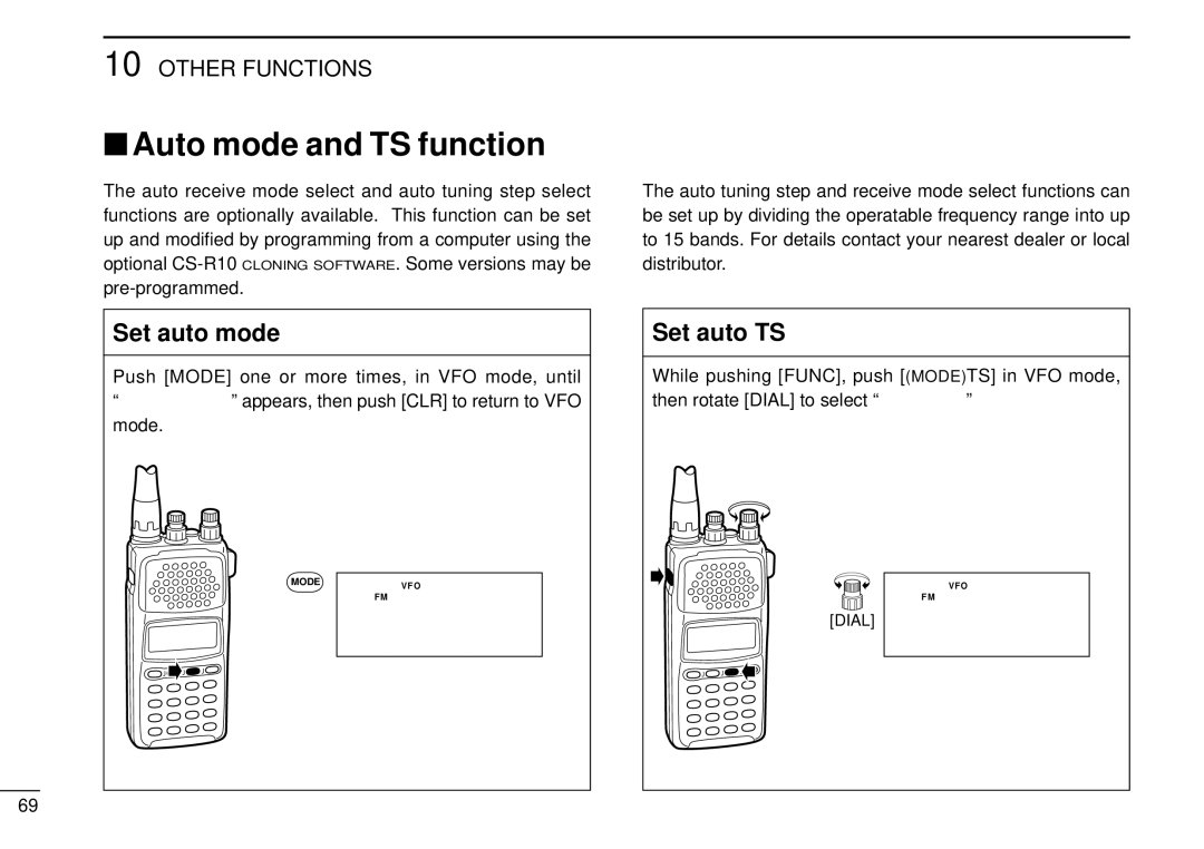 Tamron IC-R10 instruction manual Auto mode and TS function, Set auto mode, Set auto TS 