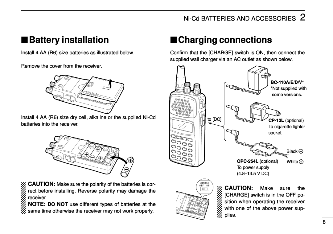 Tamron IC-R10 instruction manual Battery installation, Charging connections, Ni-CdBATTERIES AND ACCESSORIES 