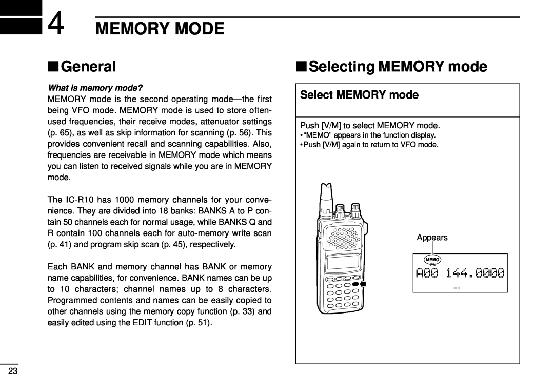 Tamron IC-R10 instruction manual Memory Mode, Selecting MEMORY mode, Select MEMORY mode, General, What is memory mode? 