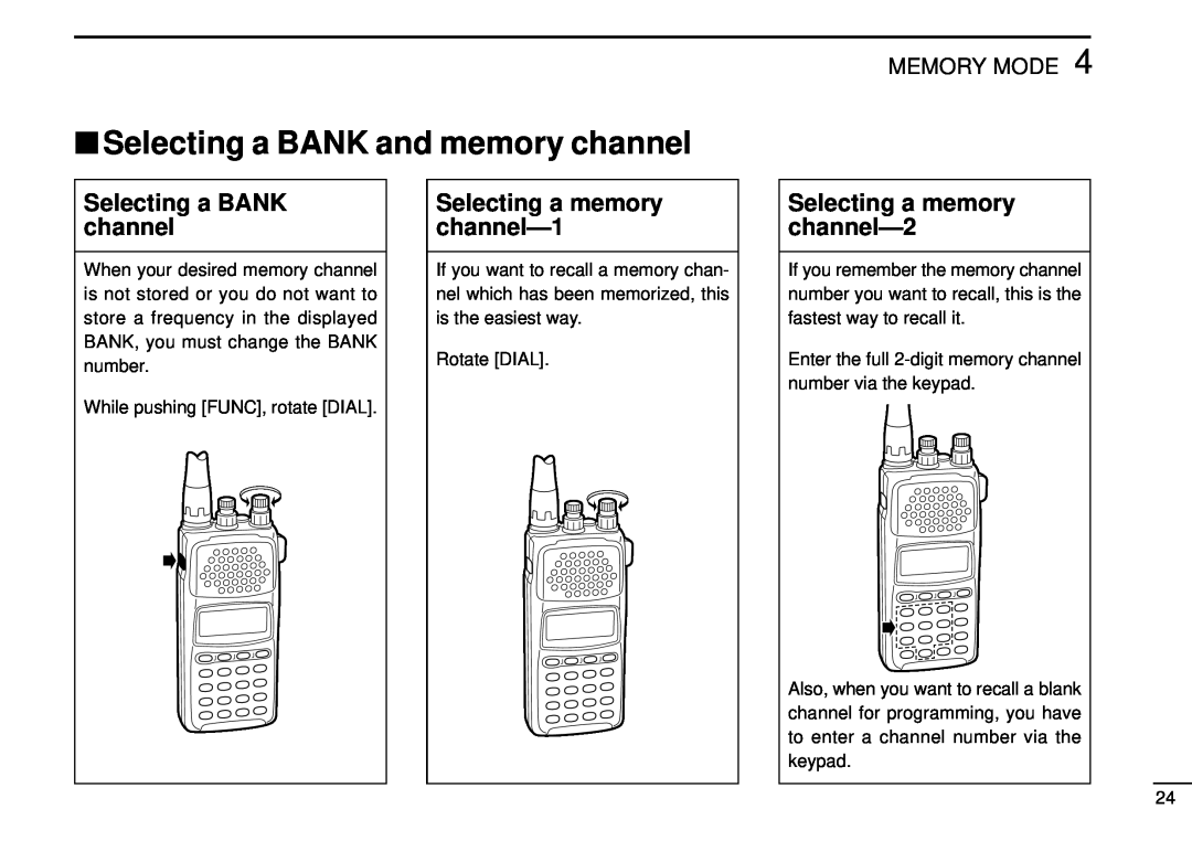 Tamron IC-R10 Selecting a BANK and memory channel, Selecting a BANK channel, Selecting a memory channel-1, Memory Mode 