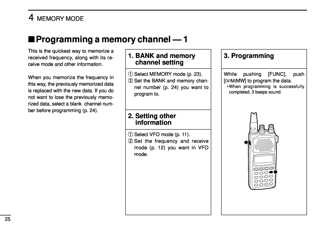 Tamron IC-R10 Programming a memory channel, BANK and memory channel setting, Setting other information, Memory Mode 