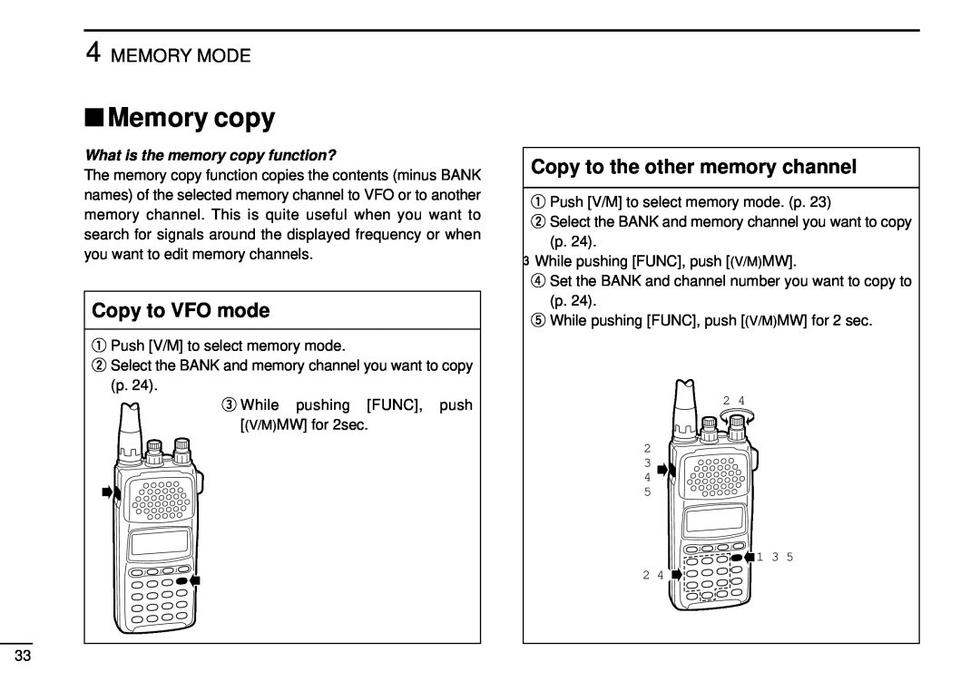 Tamron IC-R10 instruction manual Memory copy, Copy to VFO mode, Copy to the other memory channel, Memory Mode 