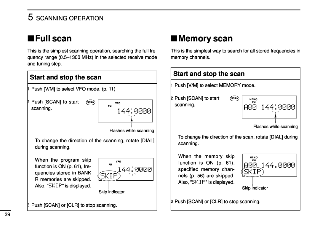 Tamron IC-R10 instruction manual Full scan, Memory scan, Start and stop the scan, 144.0000, Scanning Operation 