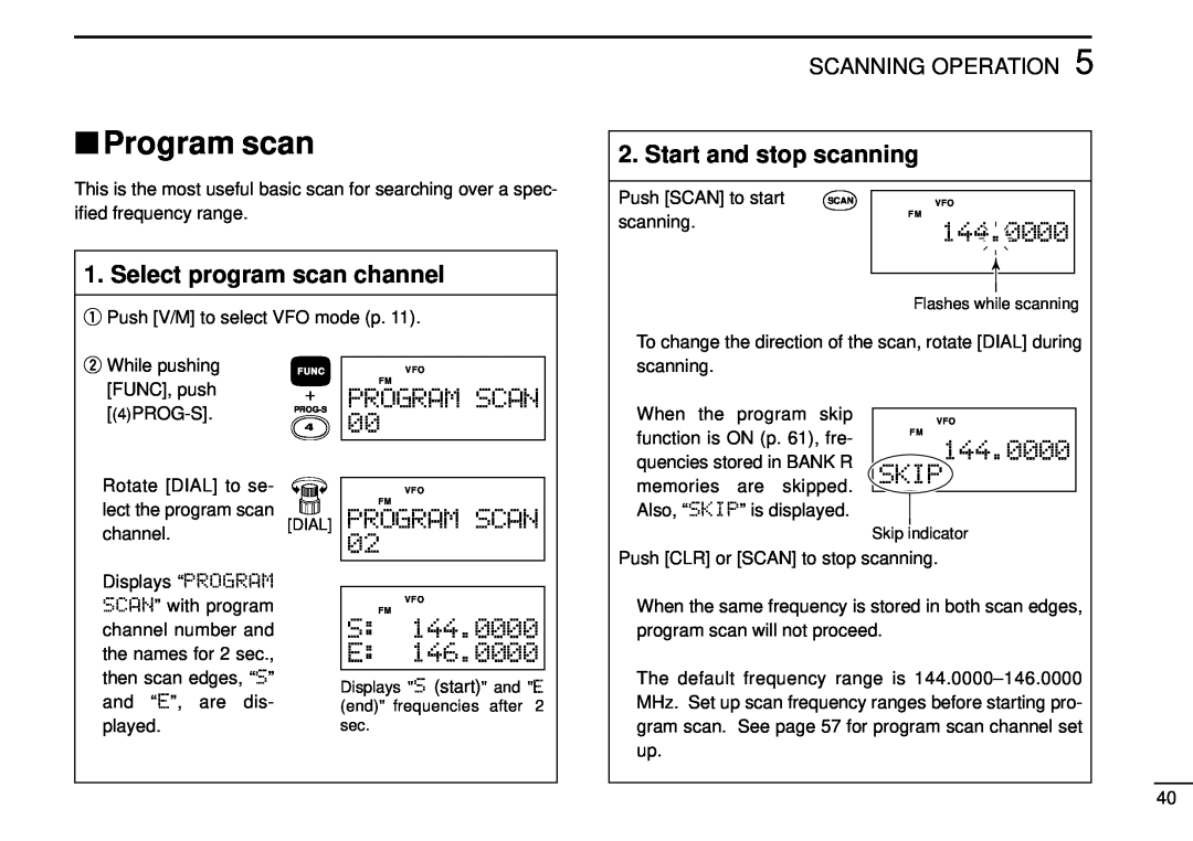 Tamron IC-R10 instruction manual Program scan, Start and stop scanning, Select program scan channel, Scanning Operation 