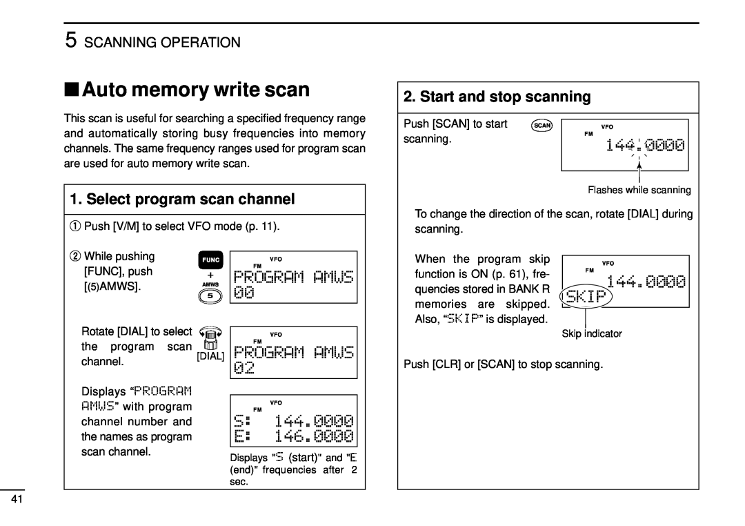 Tamron IC-R10 Auto memory write scan, Start and stop scanning, Select program scan channel, 144.0000, Program Amws, Skip 