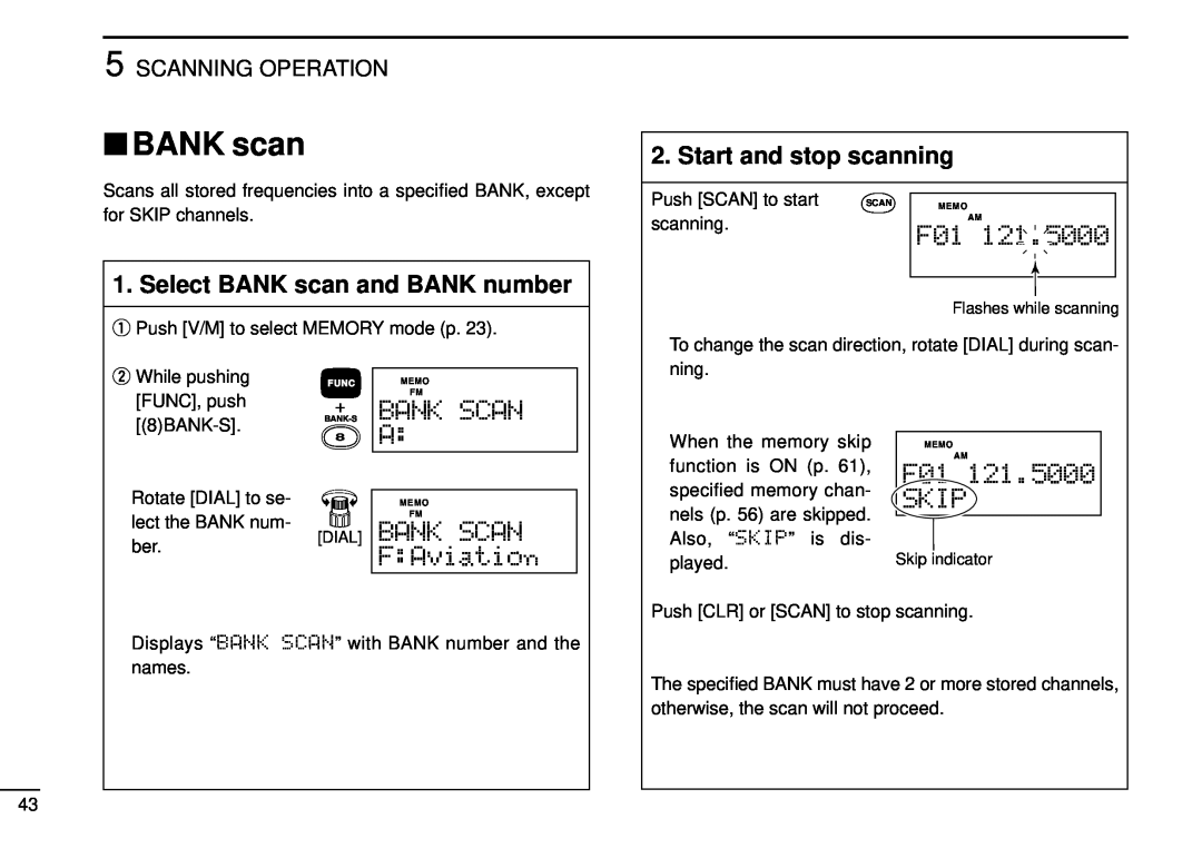 Tamron IC-R10 instruction manual Select BANK scan and BANK number, Start and stop scanning, Scanning Operation 