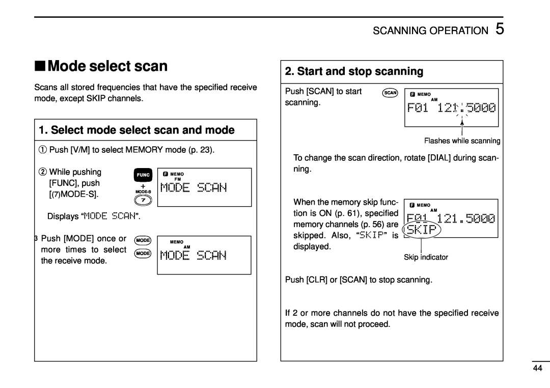 Tamron IC-R10 Mode select scan, Select mode select scan and mode, Start and stop scanning, Scanning Operation 
