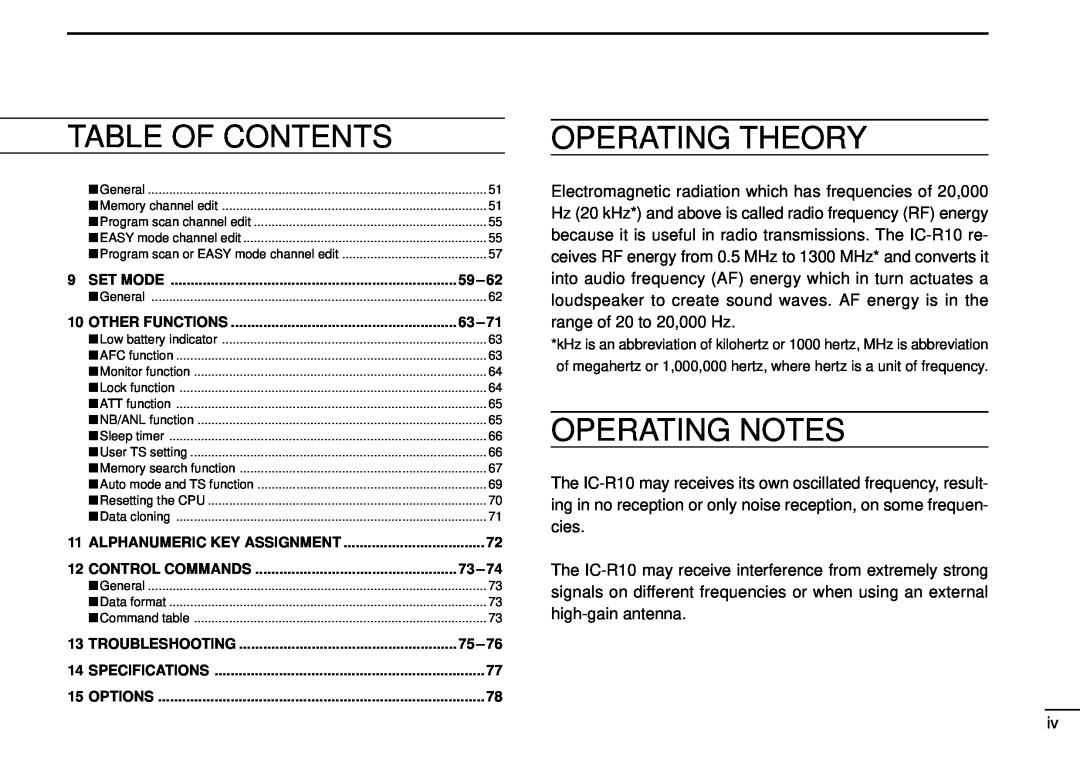 Tamron IC-R10 instruction manual Operating Theory, Operating Notes, Table Of Contents 