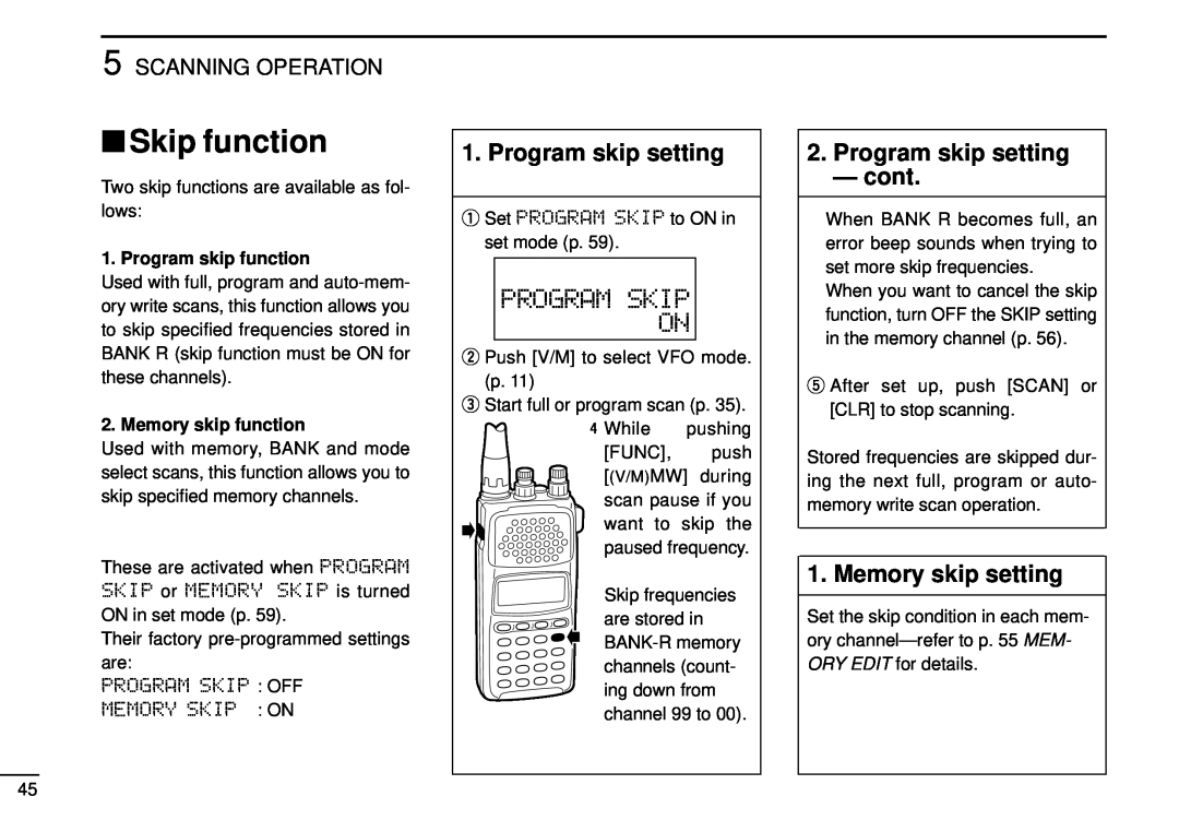 Tamron IC-R10 instruction manual Skip function, Program skip setting - cont, Memory skip setting, Scanning Operation 