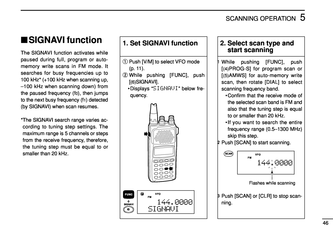 Tamron IC-R10 Set SIGNAVI function, Signavi, Select scan type and start scanning, 144.0000, Scanning Operation 
