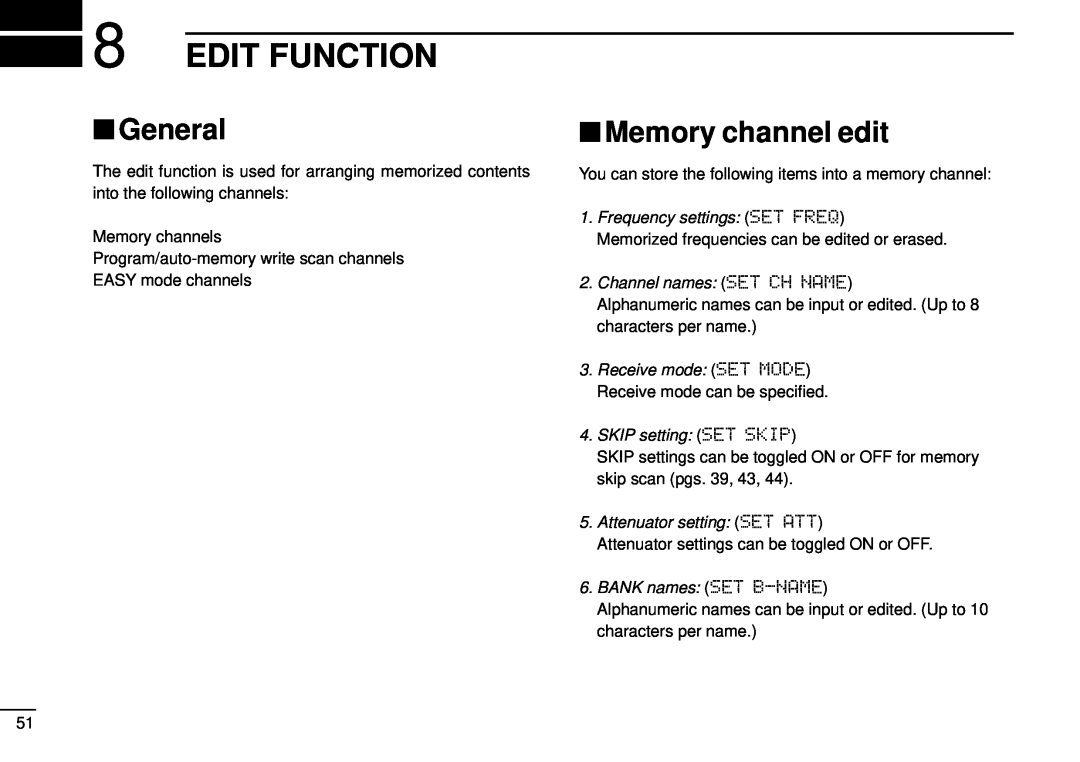 Tamron IC-R10 instruction manual Edit Function, Memory channel edit, General 