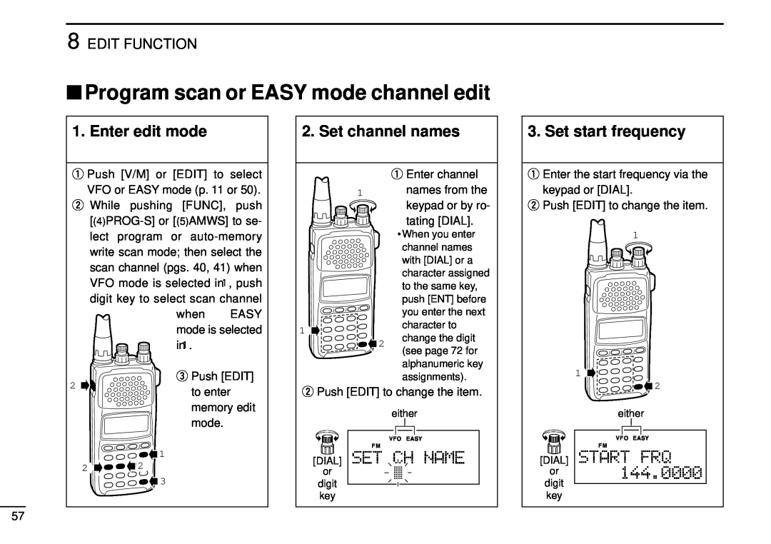Tamron IC-R10 Program scan or EASY mode channel edit, Enter edit mode, Set channel names, Set start frequency 