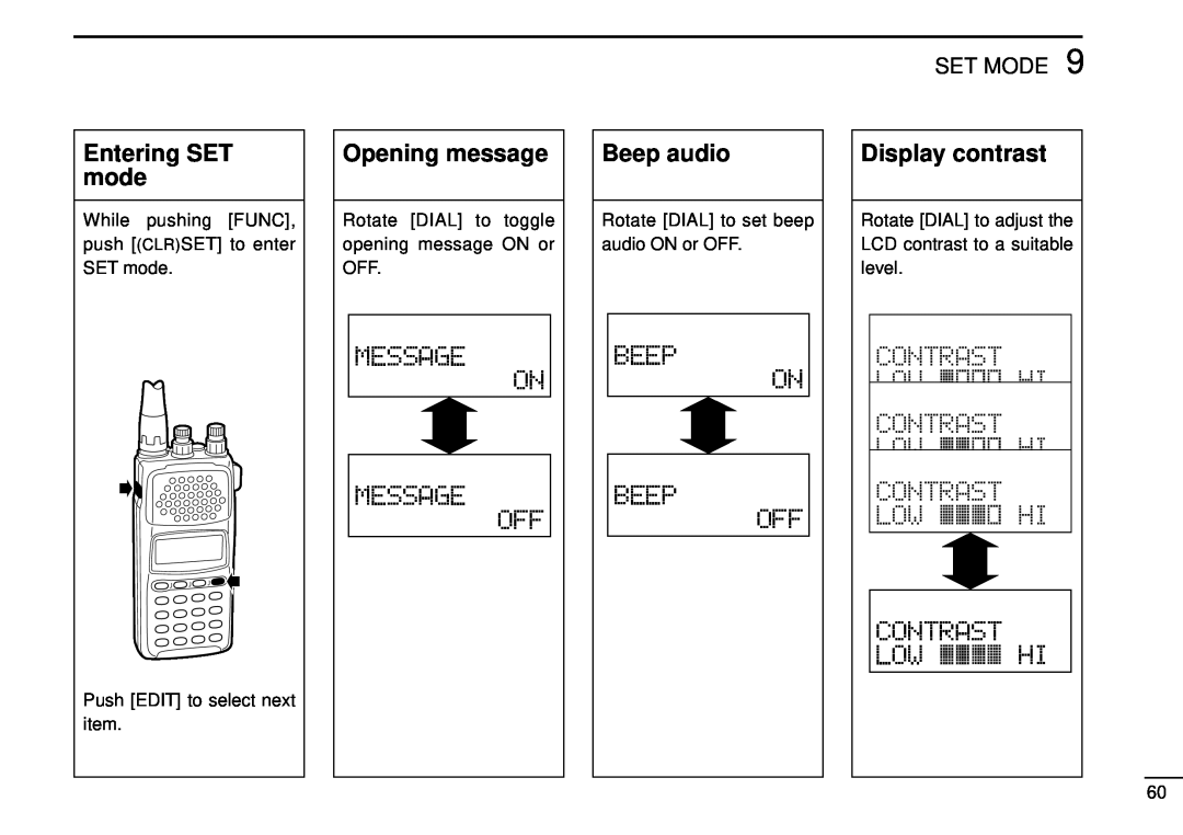Tamron IC-R10 instruction manual Entering SET mode, Opening message, Beep audio, Display contrast 