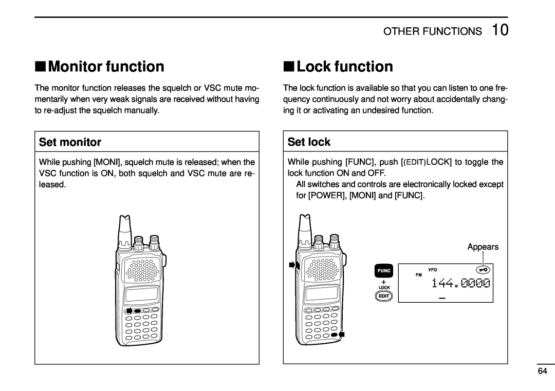 Tamron IC-R10 instruction manual Monitor function, Lock function, Set monitor, Set lock, 144.0000, Other Functions 