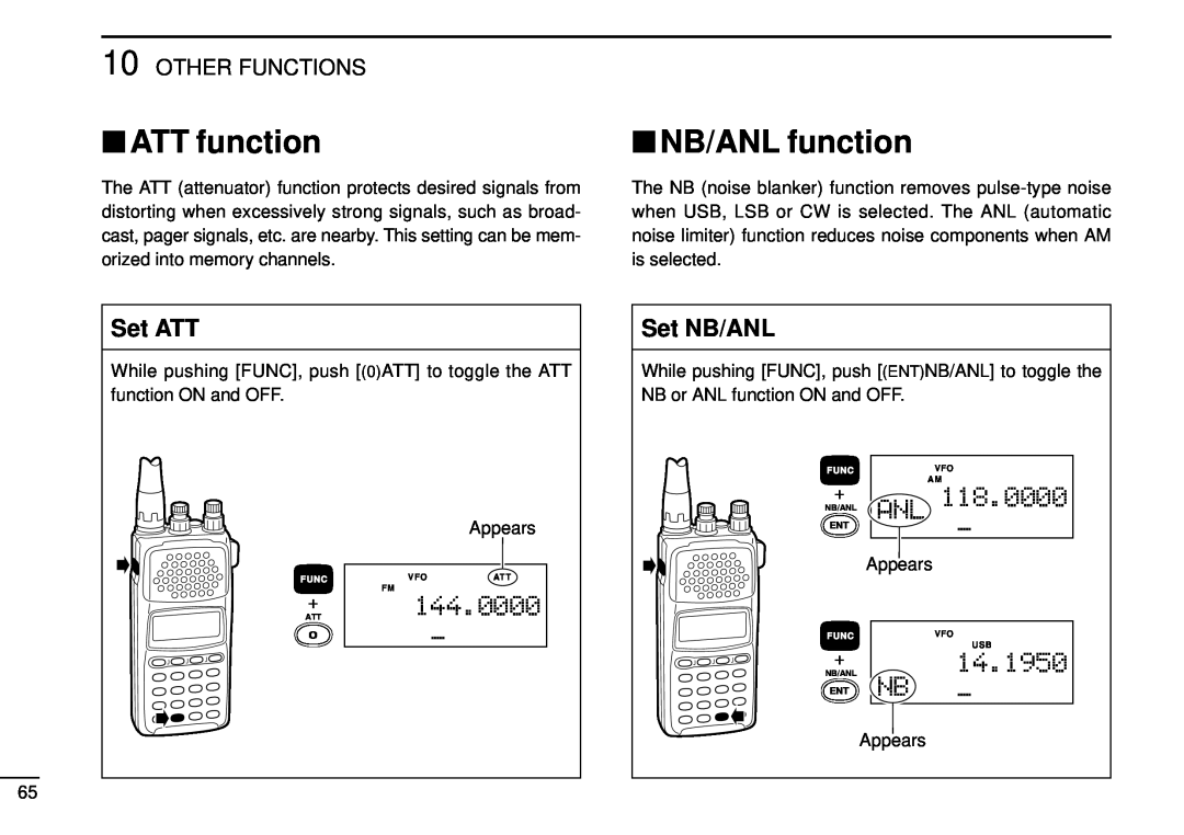 Tamron IC-R10 instruction manual ATT function, NB/ANL function, Set ATT, Set NB/ANL, 14.1950, 144.0000, Other Functions 