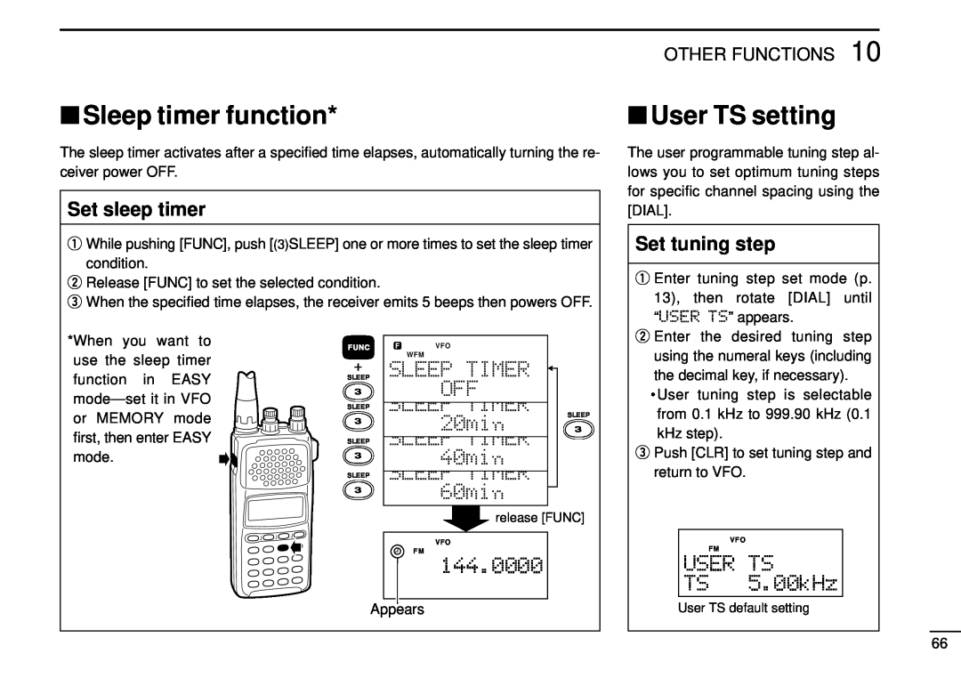 Tamron IC-R10 Sleep timer function, User TS setting, Set sleep timer, Set tuning step, Sleep Timer, 20min, 40min, 60min 